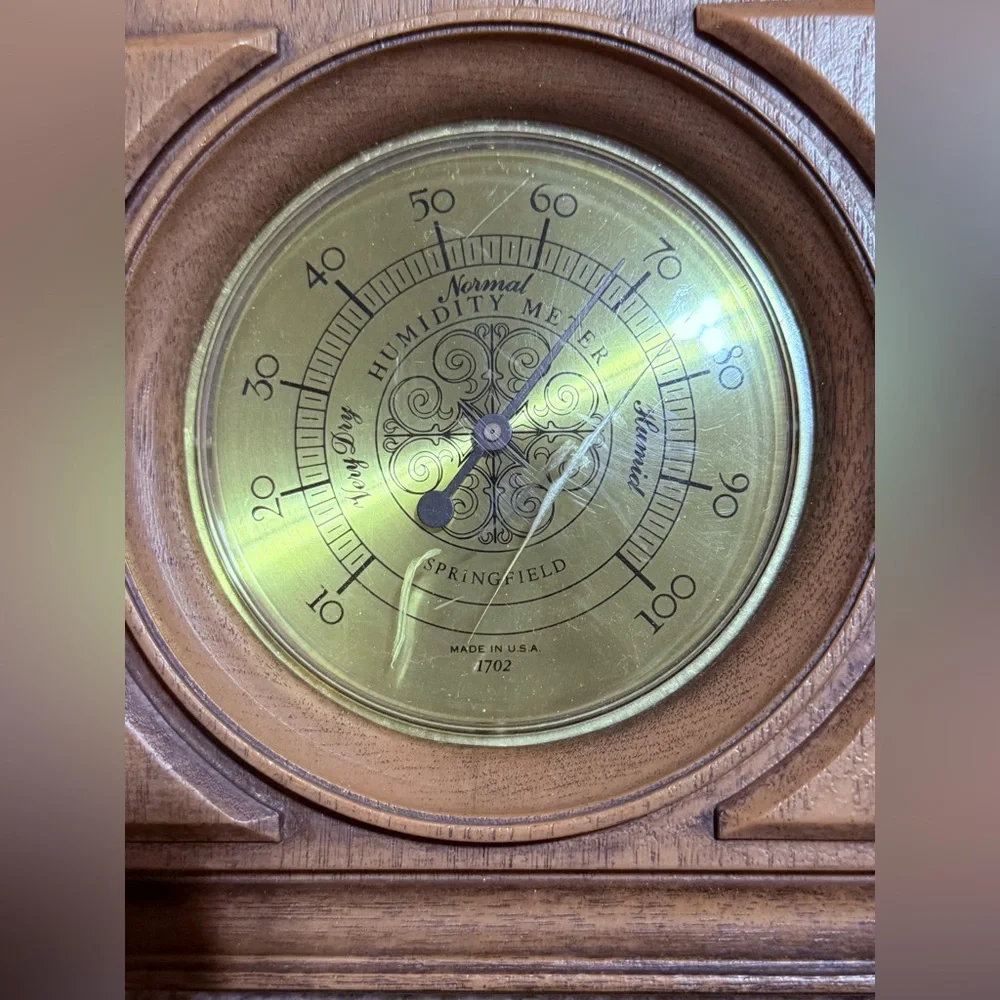 Triple Gauge Wall Weather Station in Brown Wood with Gold Dials